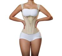 Corset Gainant Double Compression pour Femme, Bretelles Ajustables, Baleines en Acier, Fermeture éClair, Agrafes, DéBardeur Gainant, éPaules DéNudéEs(White,Large)