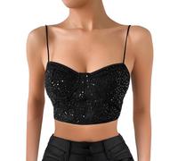 Corset pour femme - Bustier à paillettes - Crop Tops - Soutien-gorge push-up - Haut en strass - Débardeur spaghetti - Débardeur à bretelles dénudées - Corsage mince - Haut camisole sexy, Noir , M