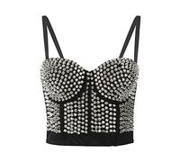 Corset pour femme cousu à la main avec strass, porte-jarretelles à paillettes, haut court à manches 3 4, Noir , L