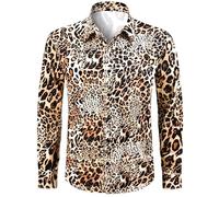 COSAVOROCK Chemise Imprimée Léopard pour Homme à Manches Longues Animalier Casual Shirt, Marron, M