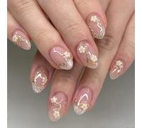 Cosblisvia 24 ongles autocollants courts ronds, French Gold Perle Press on Nails pour femmes, ongles en acrylique pour mariage, bureau, quotidien (Blanc)