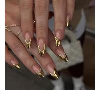 Cosblisvia Ongles à coller Milieu Amande, 24 pcs Or French Press on Nails pour Femmes, Ongles réutilisables pour DIY Manucure (Or/Nude)