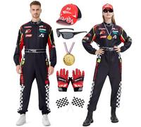 Coseaon Costume de pilote de course homme et femme - Combinaison avec chapeau, lunettes de soleil et gants, ceinture, Halloween, carnaval, adulte - Ensemble complet (noir, L)