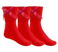 COSHAL® Lot de 3 paires de chaussettes d'école en coton riche avec nœud en ruban moelleux, chaussettes pour la rentrée scolaire, uniforme de fête, chaussettes confortables pour filles, Rouge, 11-14