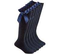 COSHAL® Lot de 3 paires de chaussettes hautes en coton pour fille avec nœud en ruban moelleux, chaussettes de rentrée scolaire, uniforme de fête, chaussettes longues pour filles, bleu marine, 7-10 ans
