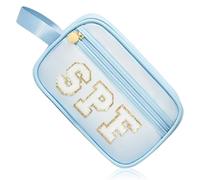 COSHASYOO - Trousse de maquillage transparente avec sangle en chenille avec patch en forme de lettre, pochette cosmétique à fermeture éclair, petite trousse de toilette de voyage, organisateur de sac