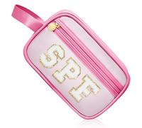 COSHASYOO - Trousse de maquillage transparente avec sangle en chenille avec patch en forme de lettre, pochette cosmétique à fermeture éclair, petite trousse de toilette de voyage, organisateur de sac