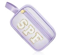 COSHASYOO - Trousse de maquillage transparente avec sangle en chenille avec patch en forme de lettre, pochette cosmétique à fermeture éclair, petite trousse de toilette de voyage, organisateur de sac