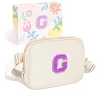COSHAYSOO Petit sac banane avec lettre initiale et sangle réglable pour femmes, adolescentes, filles, mini sac à bandoulière en nylon, sac à main de voyage, pochette à bandoulière, tendance partout, Ivoire-G, Small, Preppy de mode
