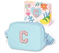 COSHAYSOO Petit sac banane avec patch lettre initiale réglable pour femme, adolescente, fille, course à pied, voyage, gym, randonnée, mini sac à main de voyage à bandoulière tendance, Chenille bleue,