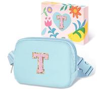 COSHAYSOO Petit sac banane avec patch lettre initiale réglable pour femme, adolescente, fille, course à pied, voyage, gym, randonnée, mini sac à main de voyage à bandoulière tendance, Chenille bleue,