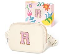 COSHAYSOO Petit sac banane avec patch lettre initiale réglable pour femme, adolescente, fille, course à pied, voyage, gym, randonnée, mini sac à main de voyage à bandoulière tendance, Chenille ivoire,