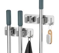 Cosicosy Support mural en acier inoxydable pour balai à franges - 2 supports avec crochet - 2 supports de balai auto-adhésifs/perforés (vis incluses), argenté