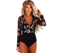 COSIVIA Sexy Body Femme Engrener Paillette Deep V-Neck Manche Longue Bodysuit Justaucorps Débardeur (Noir, M)