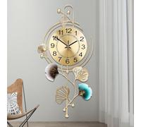 Coslife Élégante Horloge Murale en métal avec Cadran Rond Silencieux et Feuilles dorées et Bleues, Horloge Murale Moderne en métal silencieuse pour Salon, Chambre, Bureau, Bureau