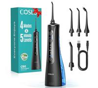 COSLUS C50 Jet Dentaire Hydropulseur Irrigateur Oral: Pression 20 mm, IPX7 étanche, Technologie Anti-éclaboussures, 4 Modes, 5 Niveaux d'Intensité, Idéal pour bucco-dentaire,Noir Brillant, C50
