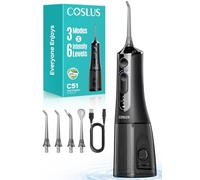 COSLUS C51 Hydropulseur Portable with Jet, 3 Modes, 6 Niveaux De Pression | Jet Dentaire Pour Orthodontie, Appareils Dentaires, Gencives Sensibles, Plusieurs Utilisateurs,Noir Brillant