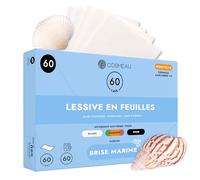 Cosmeau Lessive en Feuilles - Brise Marine - Jusqu’à 60 Cycles de Lavage (60 Feuilles) - pour le Blanc, les Couleurs et les Noirs - Sans Plastique, Biodégradable & Parfait Comme Détergent de Voyage.