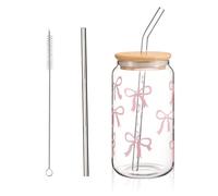 Cosmeria Aesthetic Verre à Boire avec Paille et Couvercle, 16 oz Butterfly Bow Glass Cup with Lid, Straw, and Brush, Clean Girl Aesthetic Stuff for Women