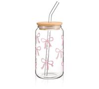 Cosmeria Bow Gobelet en verre 45 ml avec couvercle et paille, cadeau élégant pour meilleure amie, design nœud décoratif, verre polyvalent