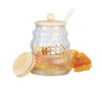 Cosmeria Distributeur de Miel avec Pot de Miel de 15 Onces et Son Couvercle, Pot de Miel en Verre Anti-Gouttes avec Support et Cuillère en Bois, Idéal comme Cadeau