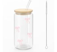 Cosmeria Gobelet en Verre avec Couvercle et Paille, Ensemble Verre à Nœud Rose avec Coffret pour Café Glacé et Boissons, 16 Oz Capacité