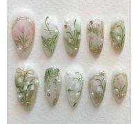 Cosmeria Kit d'Ongles Artificiels, 24 Pièces Design Fleurs Vertes, Ongles à Presser avec 12 Tailles, Ongles en Gel Souple à Coller pour Salon ou DIY à la Maison