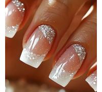 Cosmeria Ongles artificiels à coller, pointes françaises à paillettes argentées, ensemble de faux ongles réutilisables avec 24 pièces