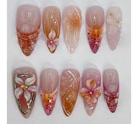 Cosmeria Press on Nails, 24pcs Handmade Medium Almond Fake Nails with 3D Flower Design, Glossy Spring Nails Reusable Summer False Nails for Women Girls Manicure