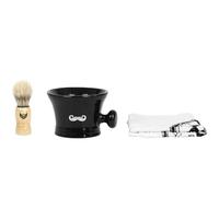 COSMETIC CLUB - SC29532 Coffret Entretien Barbe 3 Accessoires, Bol de Rasage Grès, Blaireau, Serviette, Format Compact 7,5x10,8x8 cm, pour Voyage, Homme, Noir