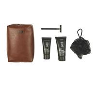 COSMETIC CLUB - SC40043 Coffret Soin Corps Homme, 5 Accessoires : Gel Douche, Mousse à Raser, Fleur de Douche, Ciseaux à Ongles, Parfum Bois de Cachemire, Design Marron Noir