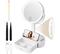 Cosmetic Mirror With Dimmable Lighting In 3 Colors, Double-Sided Makeup Mirror With 1x/10x Magnification, 360° Swivel Table Mirror With Storage Box And 2