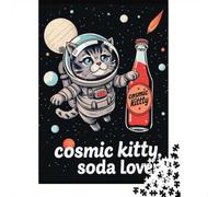Cosmic Kitty Soda Lover, Puzzle 1000 pièces, 70x50cm, Loisir créatif de Science-Fiction, idée Cadeau de Fin d’année, Puzzle Adulte pour Amateurs d’Univers et d’astronautes
