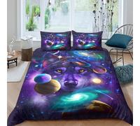 Cosmic Loup Linge de Lit Douce Microfibre 3 pièces Imprimé en 3D Fantaisie Galaxy Art Ensemble De Literie avec Fermeture Éclair Ultra Douce for Décoration de Chambre Single（140x200cm）