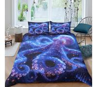 Cosmic Octopus Ensemble De Literie Léger Microfibre résistante 3 Pièces 3D Effet Fantaisie Deep Sea Art Linge de Lit avec Fermeture Éclair Douce for Chambre de Adolescents Single（140x200cm）