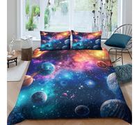 Cosmic Planets Housse de Couette Confortable Microfibre Hypoallergique 3 pièces Galaxy Space Art Style Linge de Lit avec 2 x Taies d'oreiller Super Douce for Garçons Filles Single（140x200cm）