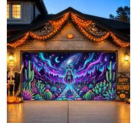 Cosmic Squelette Sorcière Scène Désert Halloween Porte de Garage Couverture | Paysage du désert, toile de fond de porte de garage, horizon nocturne cosmique, chapeau de sorcière, chemin pavé, cactus