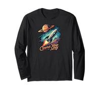 Cosmic Vibes Only Retro Space Rocket Planet Galaxy Aesthetic Manche Longue