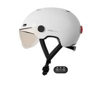 Cosmo Connected - Cosmo Fusion - Casque Intelligent Vélo et Trottinette avec Visière, Taille Adulte - Clignotants, Feu de Freinage Automatique, Partage de Trajet, Détection de Chute - Blanc Brillant
