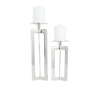 CosmoLiving by Cosmopolitan Aluminum Geometric Pillar Candle Holder, Set of 2 10", 14" H, Silver