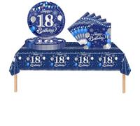 COSORO 37 pièces Ensemble de Vaisselle Bleu Marine Joyeux Anniversaire pour 18 Ans, Nappes Assiettes en Papier et Serviettes Décoration de Table Decor Fête d'anniversaire pour 18 Ans Garçon Fille