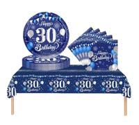 COSORO 37 pièces Ensemble de Vaisselle Bleu Marine Joyeux Anniversaire pour 30 Ans, Nappes Assiettes en Papier et Serviettes Décoration de Table Decor Fête d'anniversaire pour 30 Ans Homme Femme
