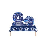 COSORO 37 pièces Ensemble de Vaisselle Bleu Marine Joyeux Anniversaire pour 50 Ans, Nappes Assiettes en Papier et Serviettes Décoration de Table Decor Fête d'anniversaire pour 50 Ans Homme Femme