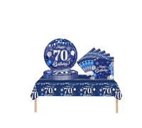 COSORO 37 pièces Ensemble de Vaisselle Bleu Marine Joyeux Anniversaire pour 70 Ans, Nappes Assiettes en Papier et Serviettes Décoration de Table Decor Fête d'anniversaire pour 70 Ans Homme Femme