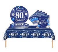 COSORO 37 pièces Ensemble de Vaisselle Bleu Marine Joyeux Anniversaire pour 80 Ans, Nappes Assiettes en Papier et Serviettes Décoration de Table Decor Fête d'anniversaire pour 80 Ans Homme Femme