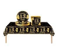 COSORO 37 pièces Ensemble de Vaisselle Noir et Doré Joyeux Anniversaire pour 13 Ans, Nappes Assiettes en Papier et Serviettes Décoration de Table Decor Fête d'anniversaire pour 13 Ans Garçon Fille