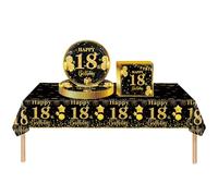 COSORO 37 pièces Ensemble de Vaisselle Noir et Doré Joyeux Anniversaire pour 18 Ans, Nappes Assiettes en Papier et Serviettes Décoration de Table Decor Fête d'anniversaire pour 18 Ans Garçon Fille
