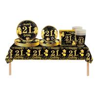 COSORO 37 pièces Ensemble de Vaisselle Noir et Doré Joyeux Anniversaire pour 21 Ans, Nappes Assiettes en Papier et Serviettes Décoration de Table Decor Fête d'anniversaire pour 21 Ans Homme Femme