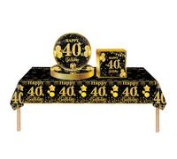 COSORO 37 pièces Ensemble de Vaisselle Noir et Doré Joyeux Anniversaire pour 40 Ans, Nappes Assiettes en Papier et Serviettes Décoration de Table Decor Fête d'anniversaire pour 40 Ans Homme Femme