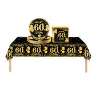 COSORO 37 pièces Ensemble de Vaisselle Noir et Doré Joyeux Anniversaire pour 60 Ans, Nappes Assiettes en Papier et Serviettes Décoration de Table Decor Fête d'anniversaire pour 60 Ans Homme Femme